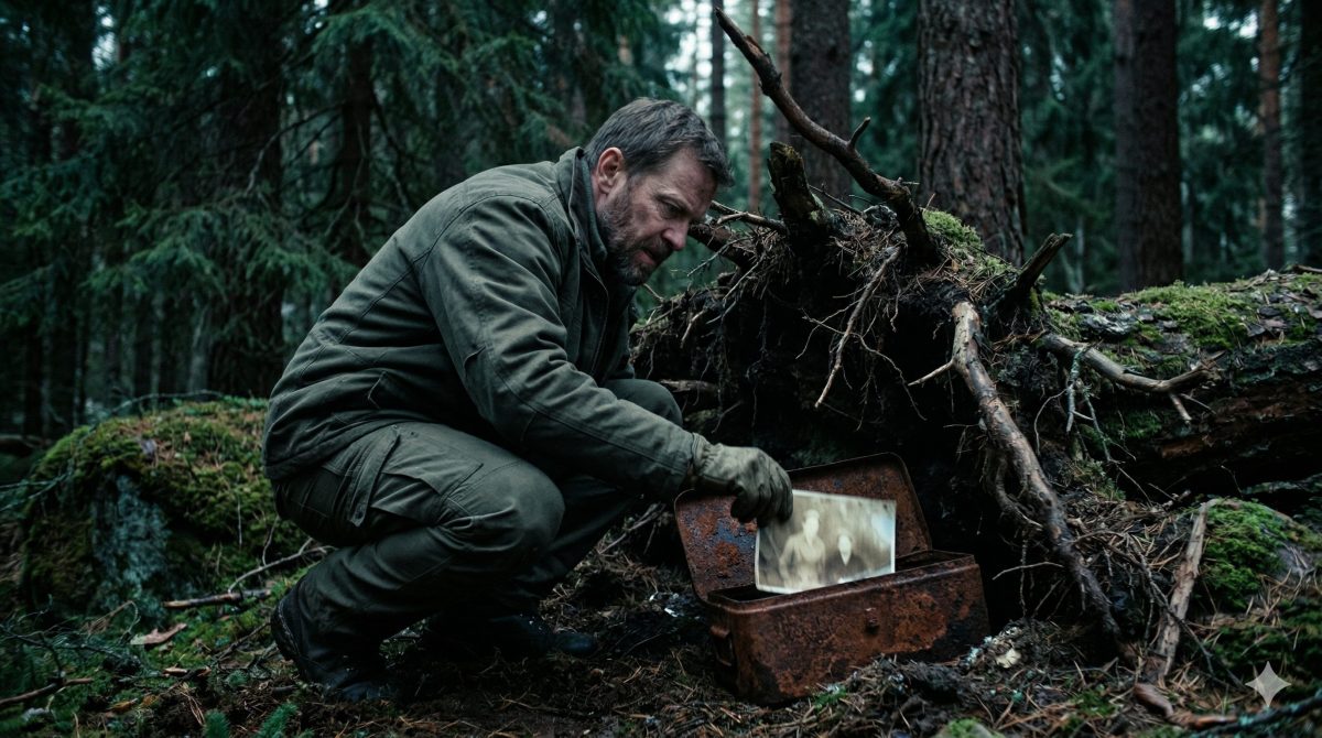 В темном лесу мужчина находит ржавый ящик с фото. Остросюжетная семейная драма рассказ.