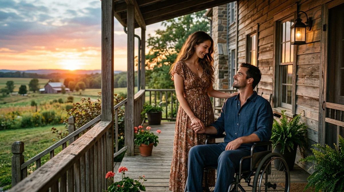 Девушка и мужчина в инвалидном кресле на веранде старого дома, фиктивный брак рассказ.