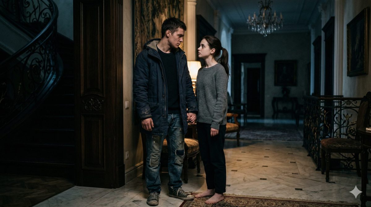 Матвей и Полина стоят в мрачном роскошном особняке: семейная драма о фиктивном браке.