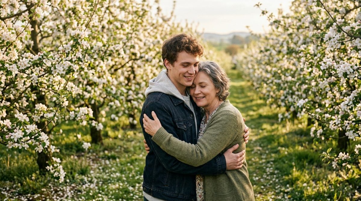 Сын обнимает мать в яблоневом саду — момент примирения из рассказа о семейной драме