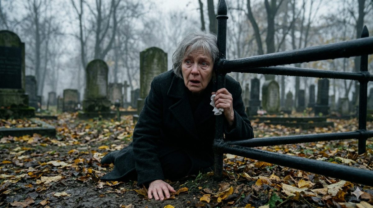 Пожилая женщина на осеннем кладбище прислушивается к земле: пугающая семейная драма о спасении дочери.