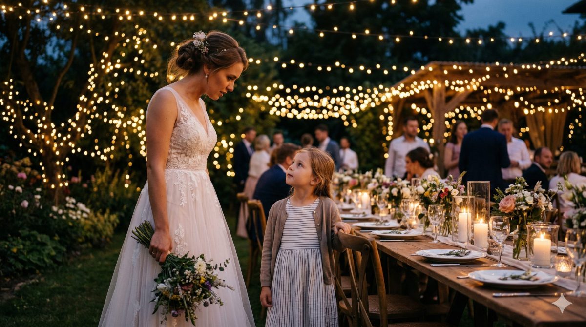 Невеста в белом платье с удивлением смотрит на бедно одетую девочку. Это трогательный рассказ.