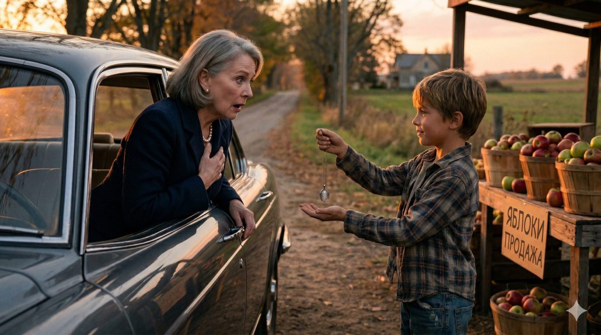 Богатая женщина с удивлением смотрит на старый кулон в руках мальчика. Жизненная история о семье.