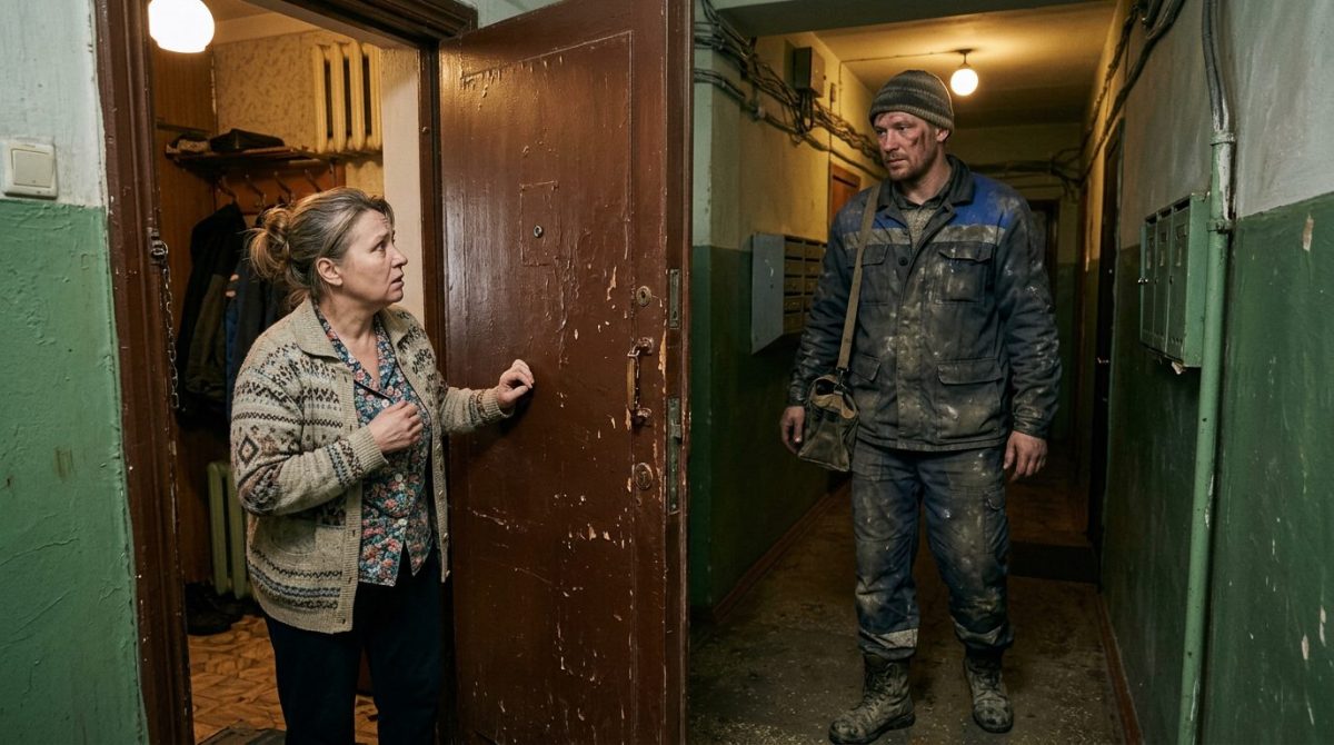 Обеспокоенная женщина открывает дверь квартиры высокому мужчине в испачканной рабочей одежде из-за внезапного потопа.