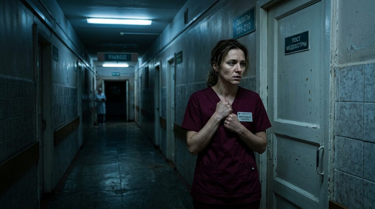 Женщина в форме медсестры напряженно стоит в темном коридоре. Тяжелая семейная драма о предательстве.