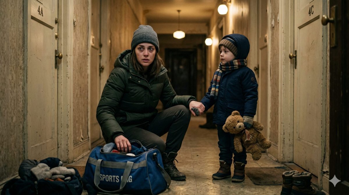 Уставшая женщина с сумкой держит за руку маленького сына. Жизненная история о сильной женщине.