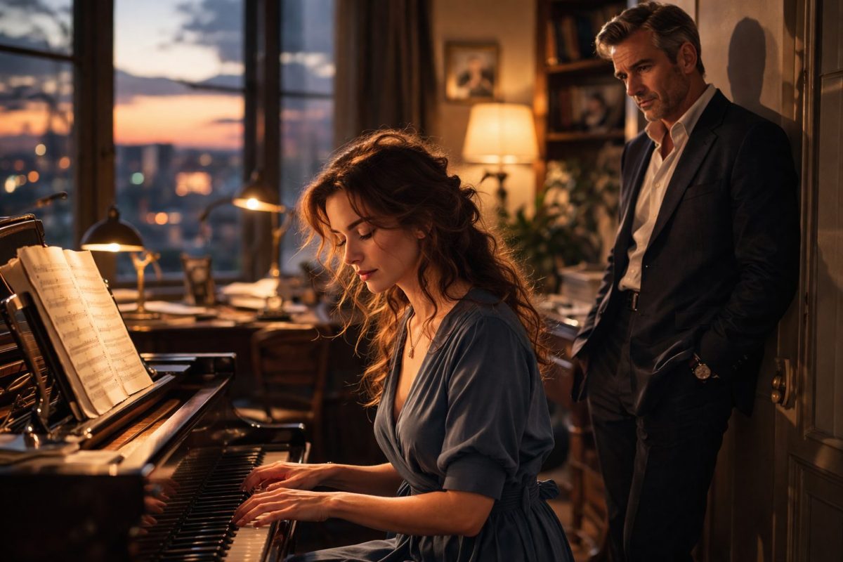 Нина играет на рояле в офисе, Дмитрий Сергеевич наблюдает за ней с восхищением. Жизненный рассказ о любви и справедливости.