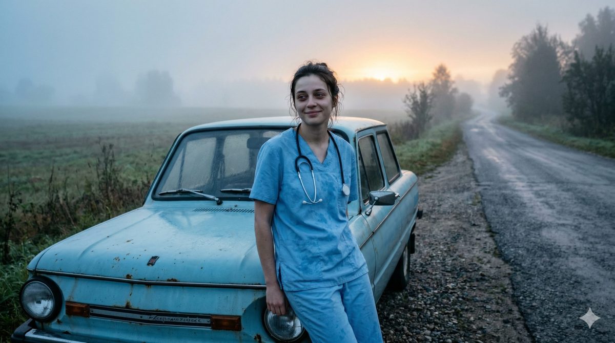 Уставшая медсестра рядом с голубым автомобилем на туманной дороге. Жизненные истории о спасении и справедливости.