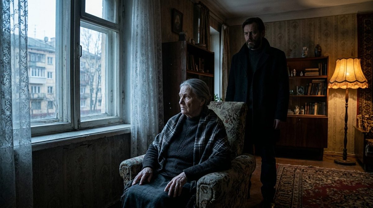 Пожилая женщина в кресле и мужчина-защитник в комнате с антиквариатом, семейная драма рассказ.