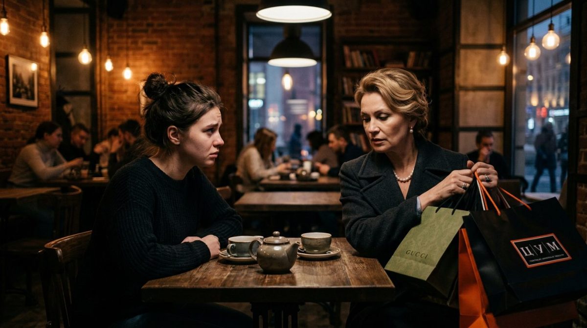 Молодая девушка смотрит с разочарованием на нарядную мать. Семейная драма и тяжелый конфликт из-за денег.