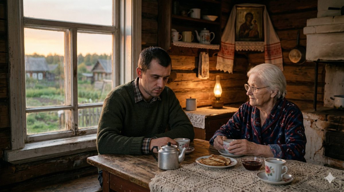 Молодой мужчина и пожилая женщина пьют чай за столом на старой деревенской кухне. Жизненный рассказ о брошенной матери и втором шансе.