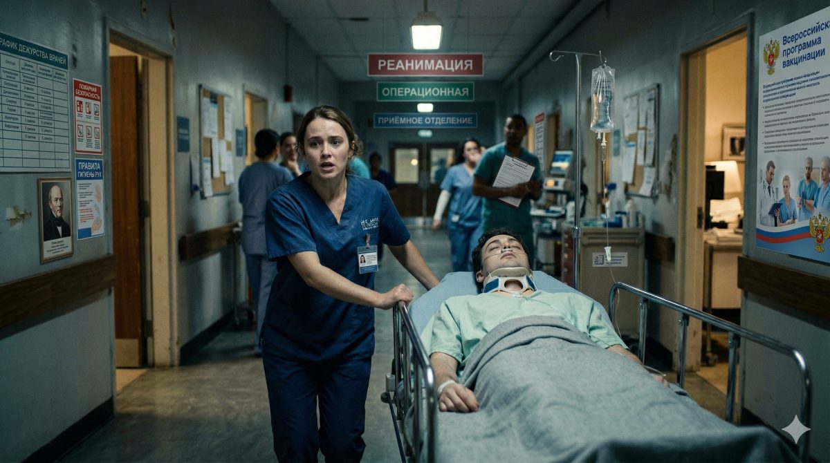 Девушка-санитарка экстренно везет каталку с пациентом по коридору больницы. Медицинская драма о сильной женщине.