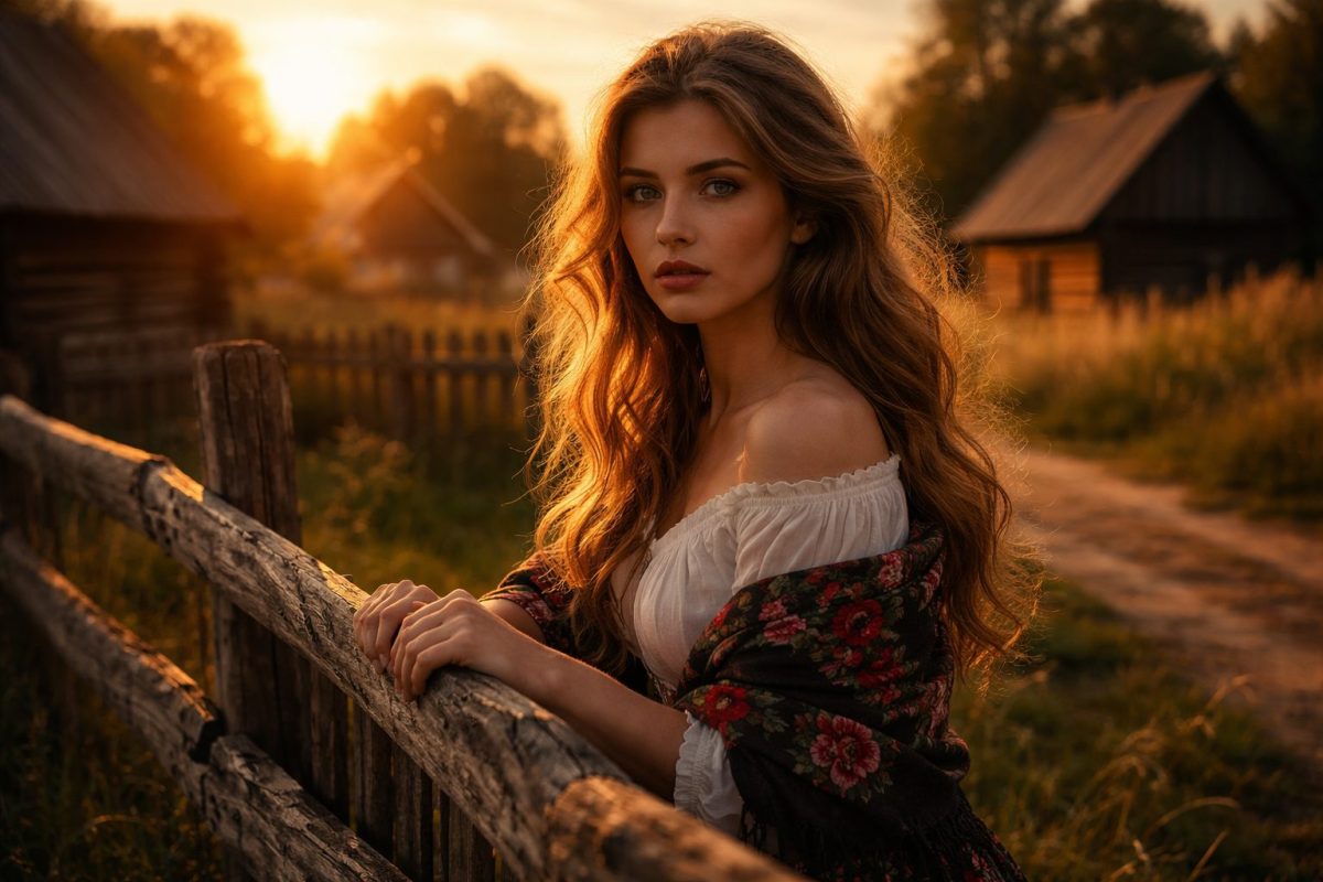 Молодая сильная женщина, героиня рассказа, стоит у деревенского забора в лучах теплого вечернего заката.