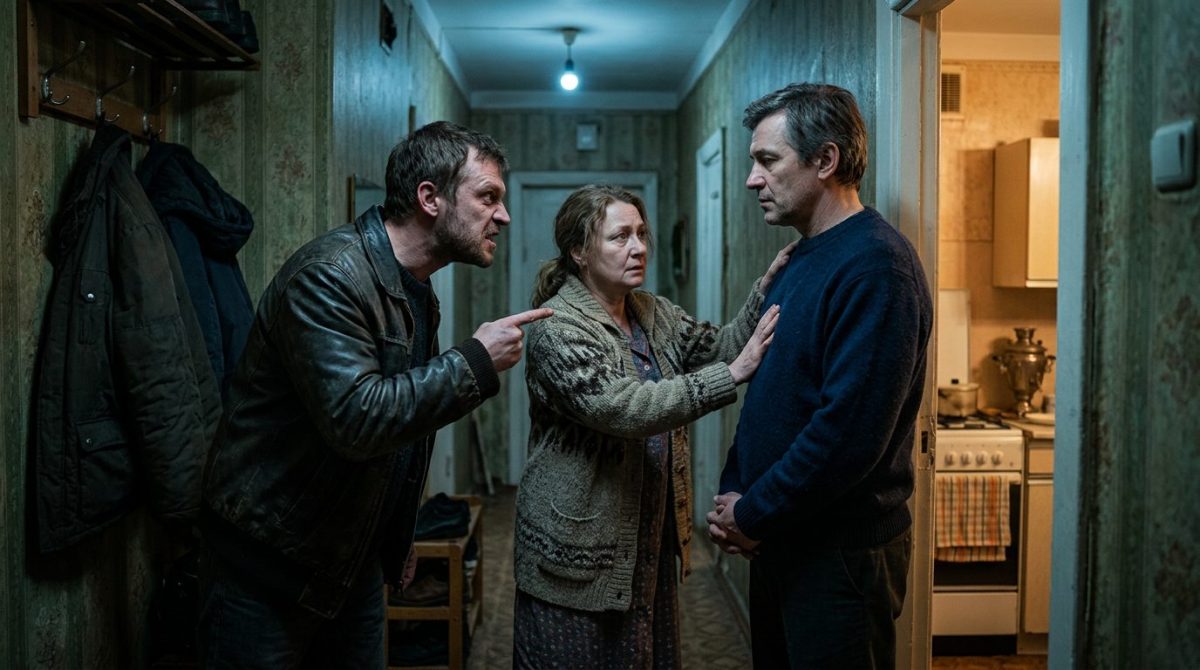 Семейный конфликт рассказ: напряжённая сцена между братьями и матерью в коридоре