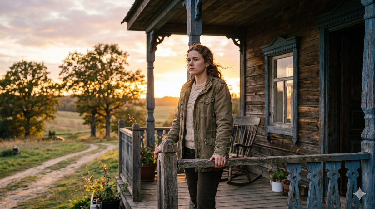 Женщина на крыльце старого деревянного дома в деревне. Жизненная история и наследство отца рассказ.