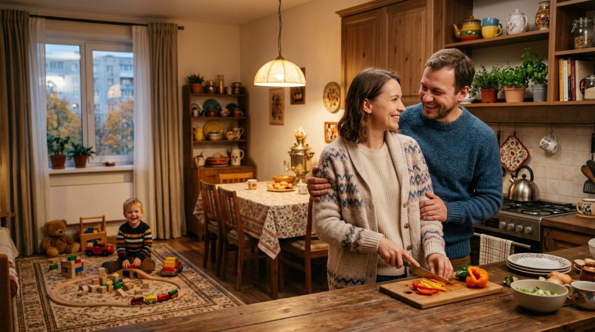 Лена и Максим на кухне после года совместной работы над бытом — символ обретённого равновесия