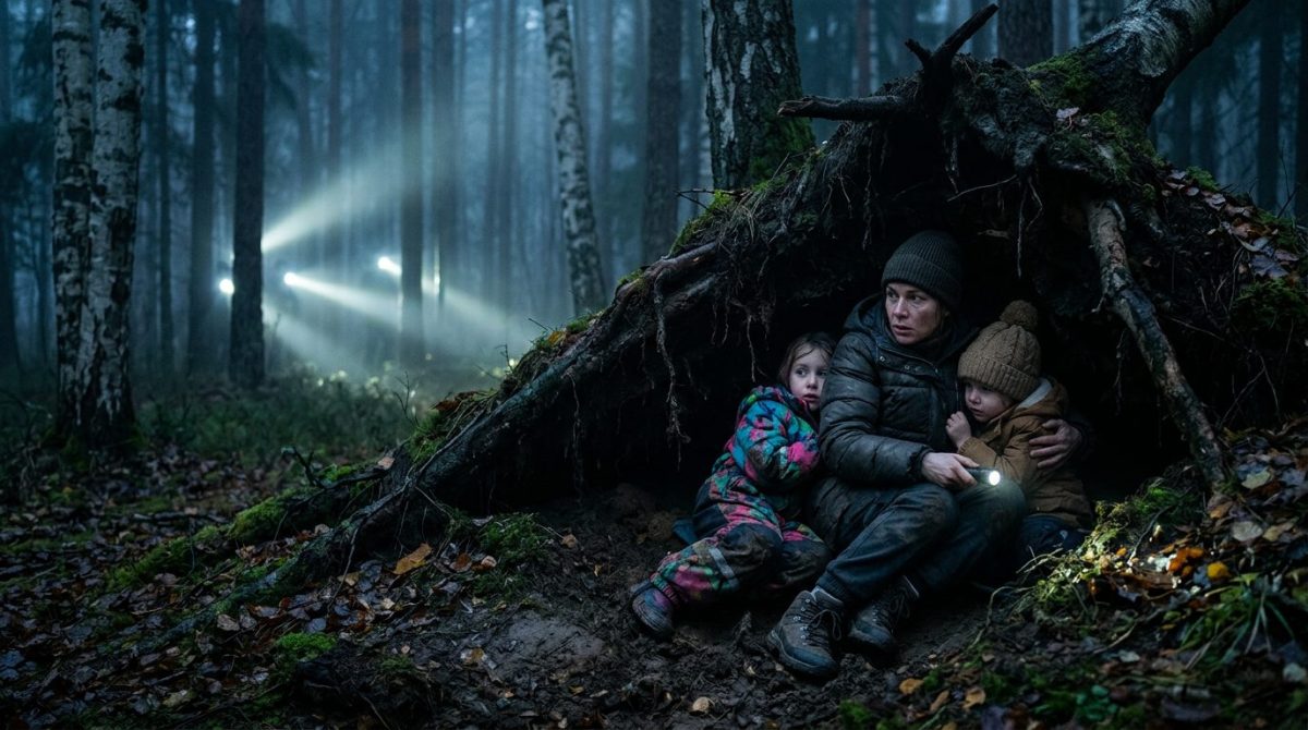 Мать с двумя детьми прячется в темном лесу, эта семейная драма показывает их побег.