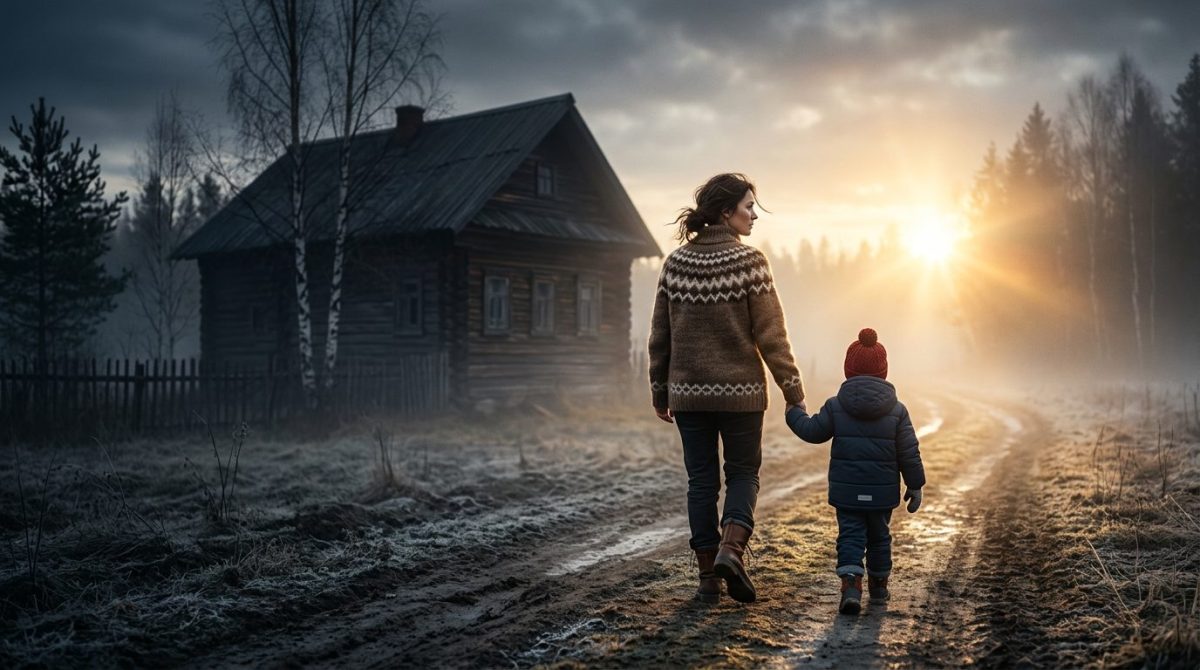 женщина уходит с сыном в новую светлую жизнь.