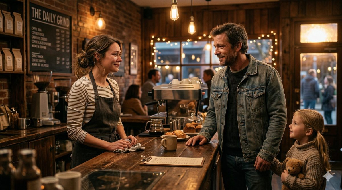 Мужчина и женщина тепло смотрят друг на друга в кофейне. Жизненная история о прощении.