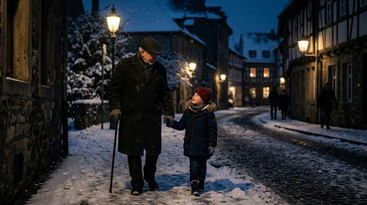 Дед и внук идут домой вечером — момент примирения в семейной драме