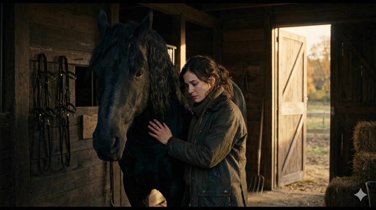 Грустная девушка гладит черного коня в деревянной конюшне, переживая предательство мачехи и семейную драму.