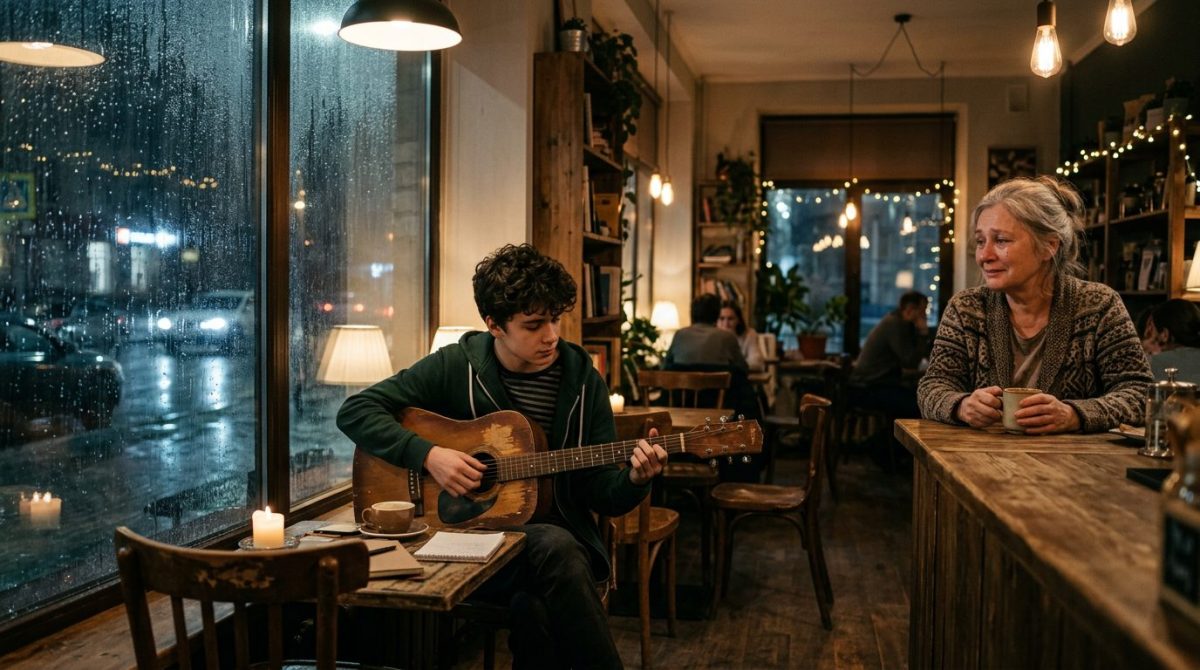 Подросток играет на гитаре в кафе. Трогательная семейная драма о поиске родных.