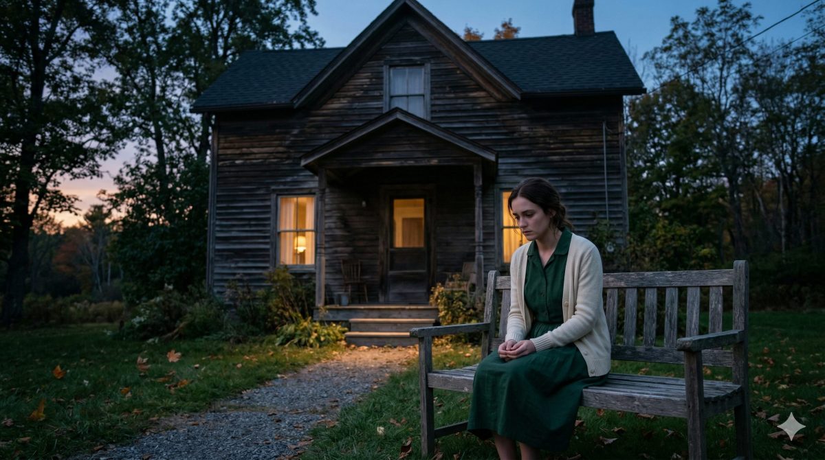 Грустная девушка сидит у старого дома. Жизненная история об обмане, тайных миллионах и искреннем раскаянии.