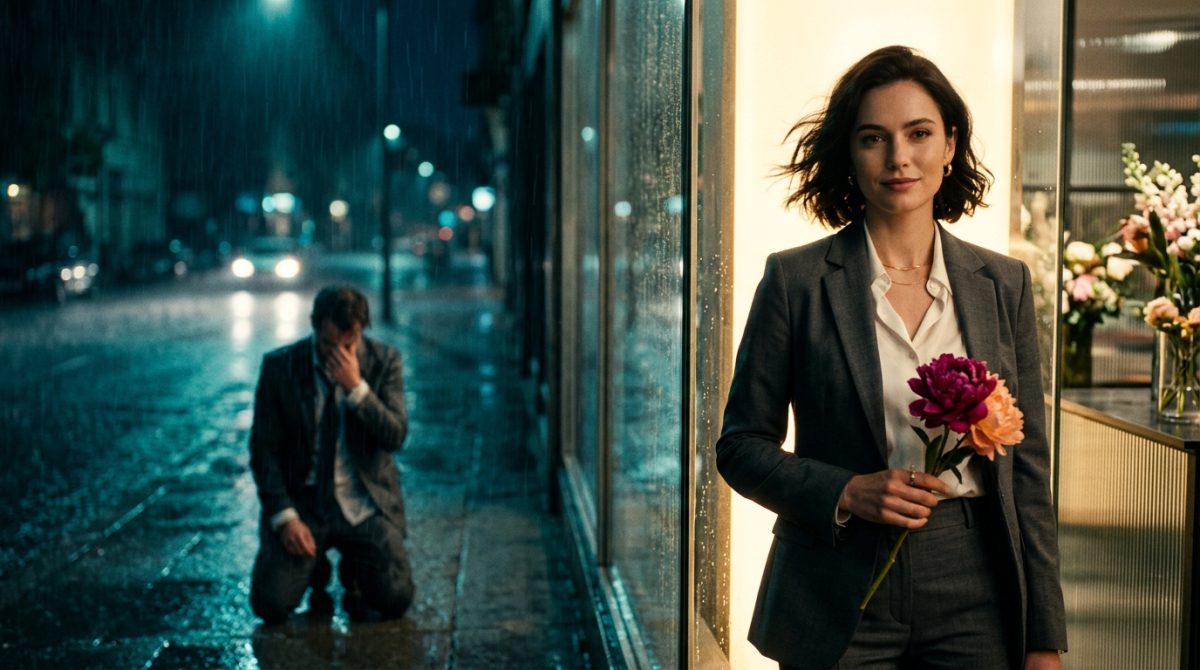 Успешная женщина уверенно смотрит на стоящего на коленях бывшего мужа