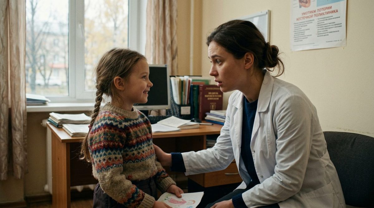 Молодая женщина-врач с удивлением смотрит на маленькую девочку, рассказ про свекровь и семейную тайну.
