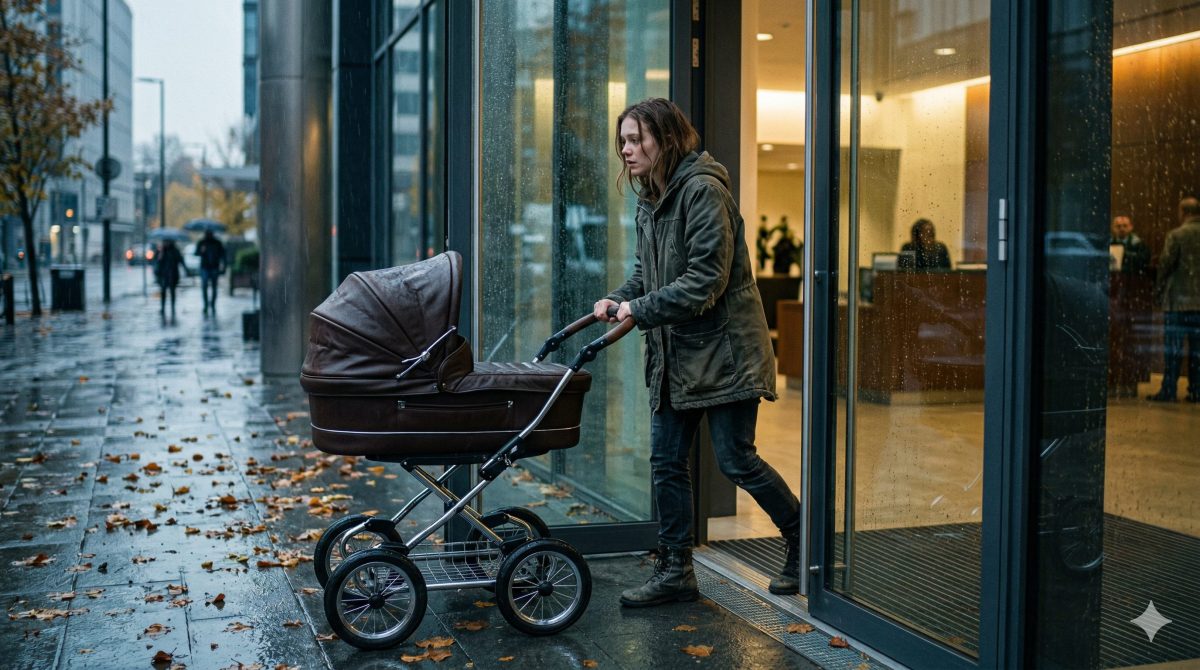 Девушка завозит коляску с младенцами в стеклянные двери офиса, трогательная жизненная история