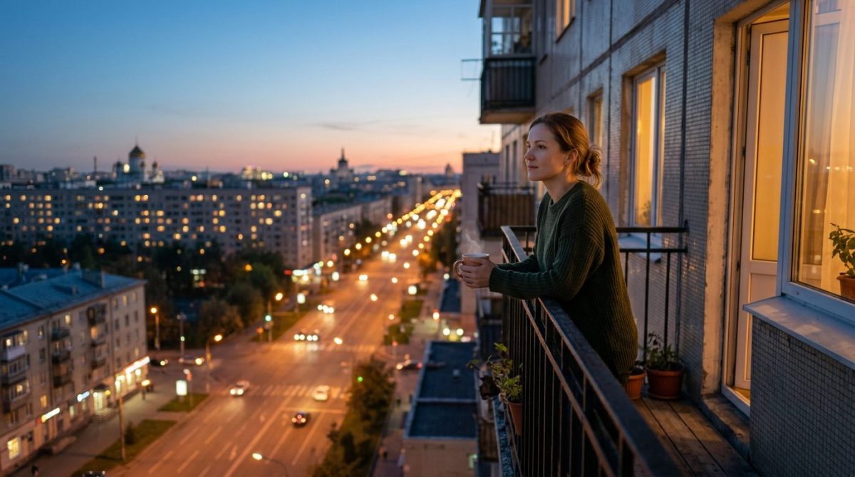 Марина на балконе своей новой квартиры — момент обретения свободы и начала новой жизни