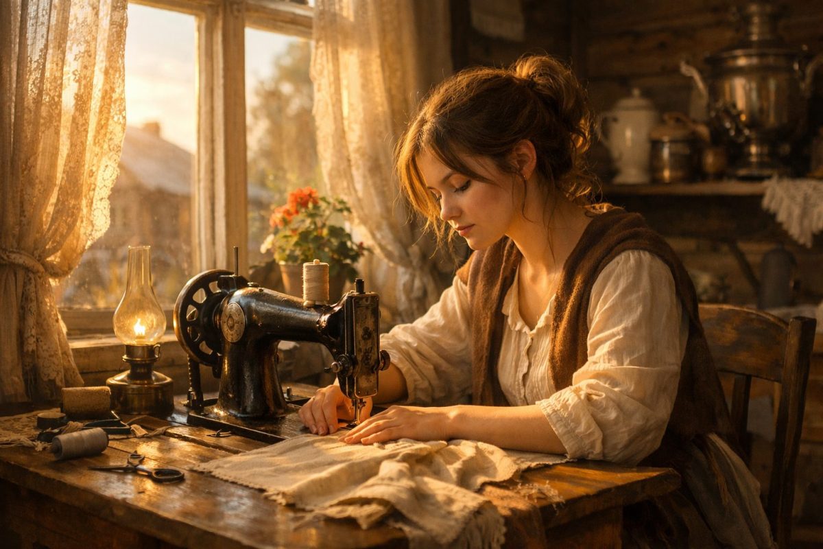 Молодая девушка шьет за машинкой, обретя счастье в новой семье. Свекровь и невестка стали родными.