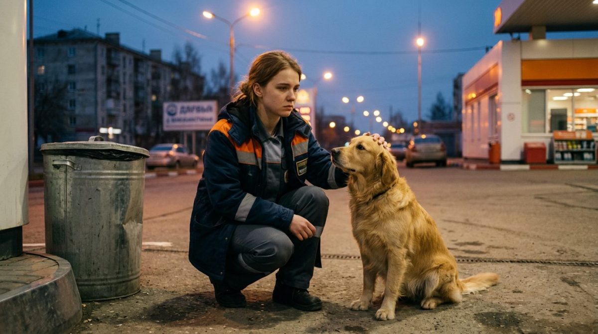 Девушка на автозаправке гладит брошенного золотистого ретривера.