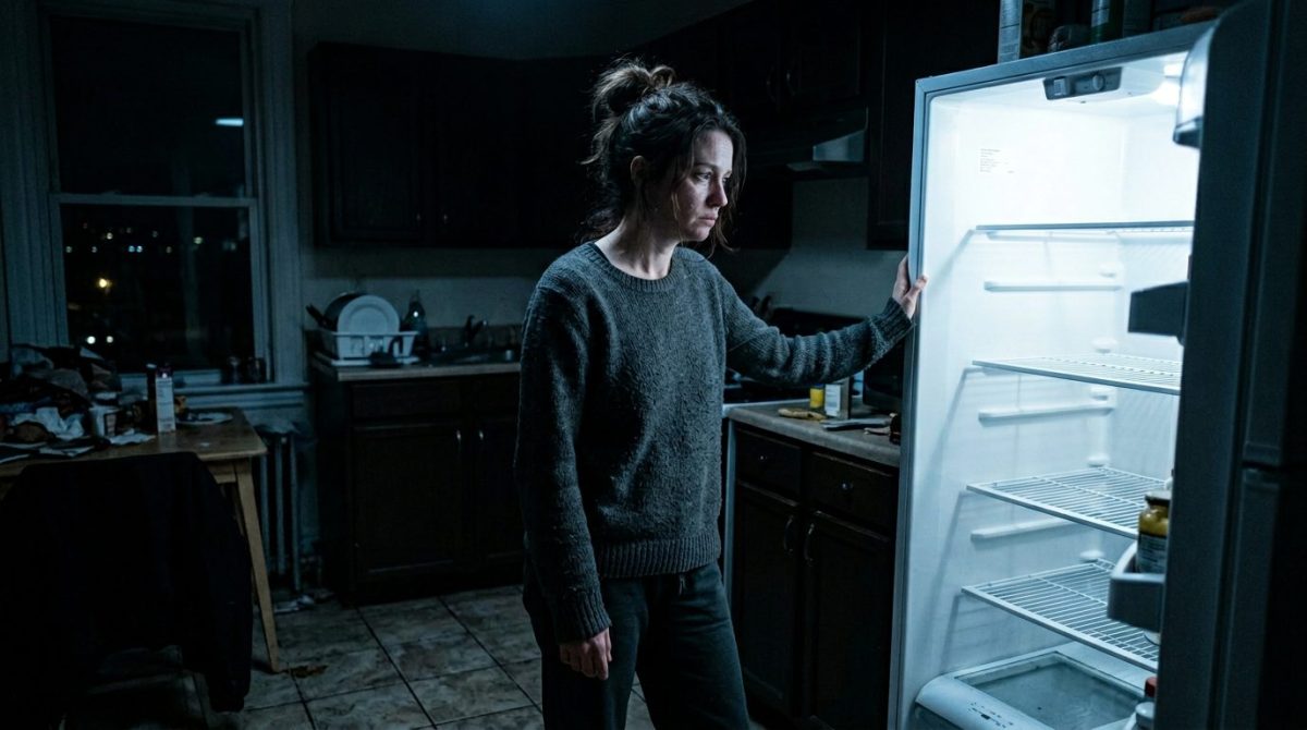 Уставшая женщина смотрит в пустой холодильник. Жизненная история рассказ о трудном семейном выборе.