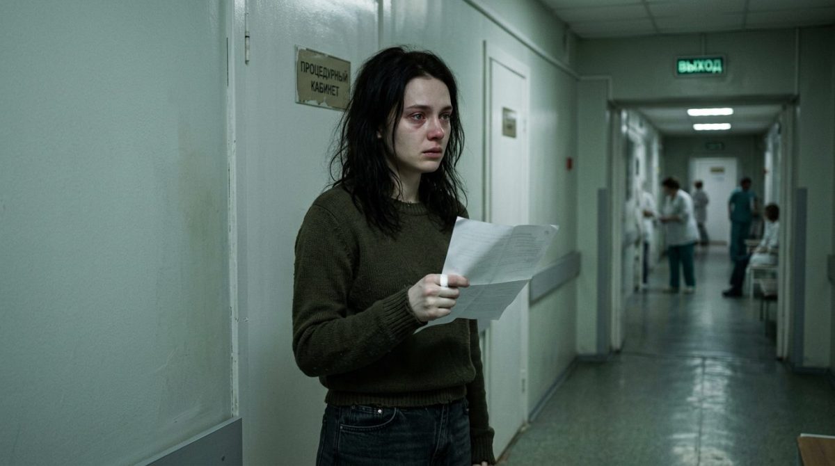 Молодая женщина в коридоре сжимает медицинскую справку. Глубокая семейная драма и предательство мужа.