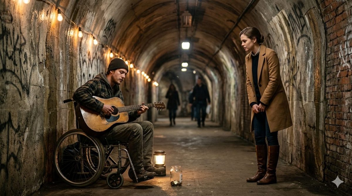 Уличный музыкант в инвалидном кресле играет на гитаре, семейная тайна рассказ о неожиданной встрече.