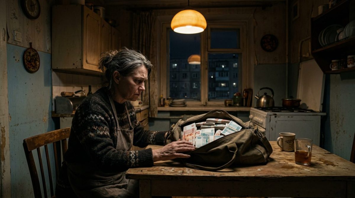 Женщина с тревогой смотрит на найденные криминальные деньги, сильная женская история о трудном выборе.