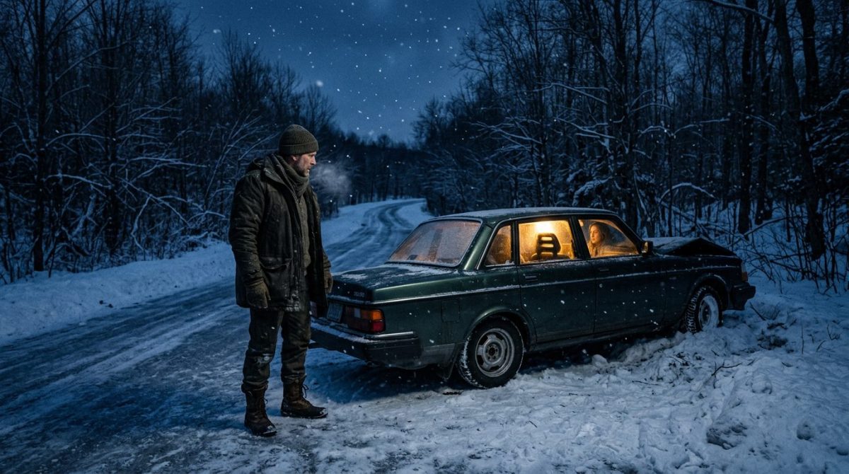 Мужчина у разбитой машины на зимней дороге — жизненная история о случайном спасении