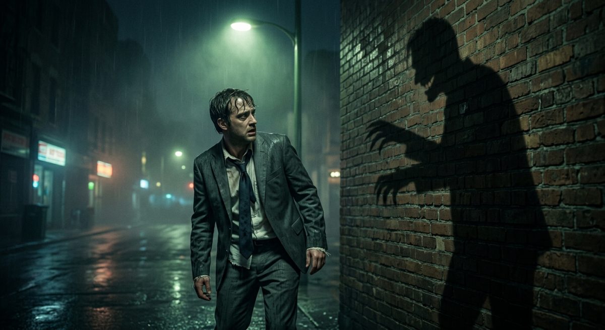 Испуганный мужчина в темном переулке смотрит на свою ожившую тень, захватывающий мистический рассказ.