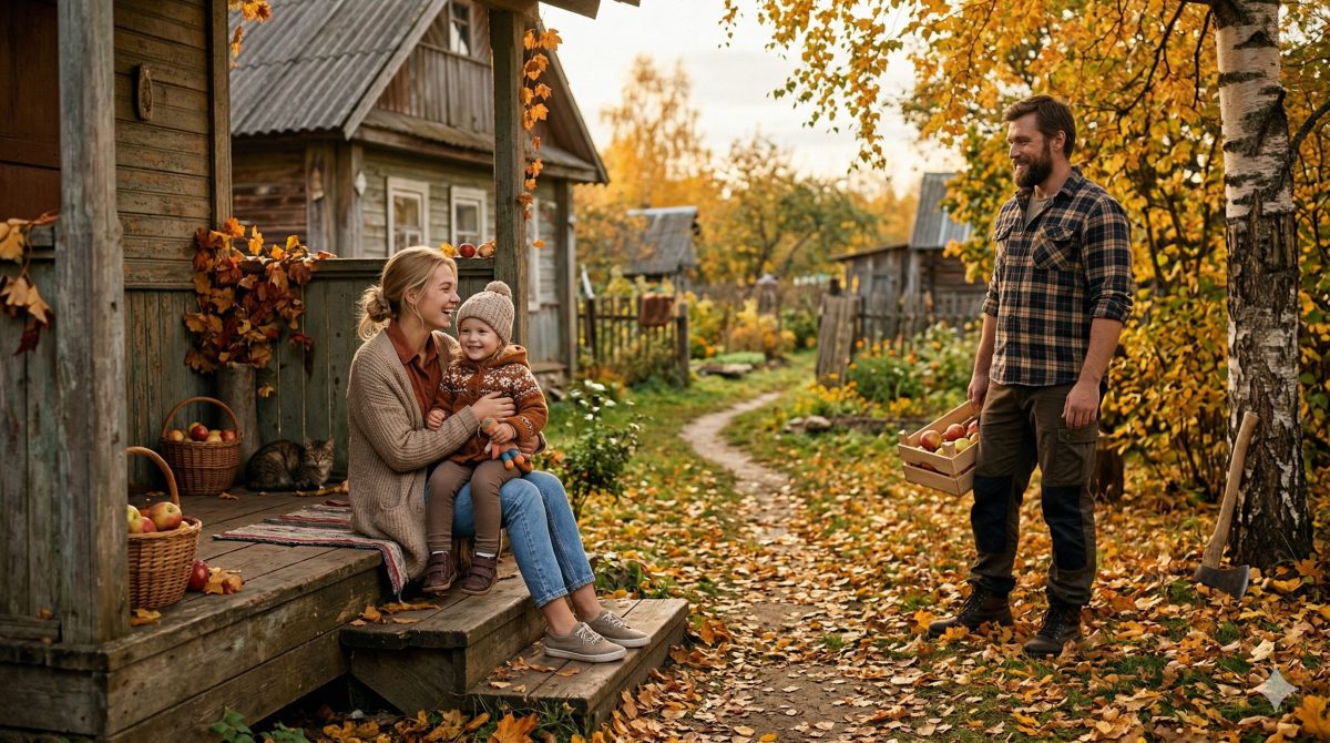 Ника, Илья и маленькая Соня на крыльце старого деревенского дома: счастливый финал жизненной истории.