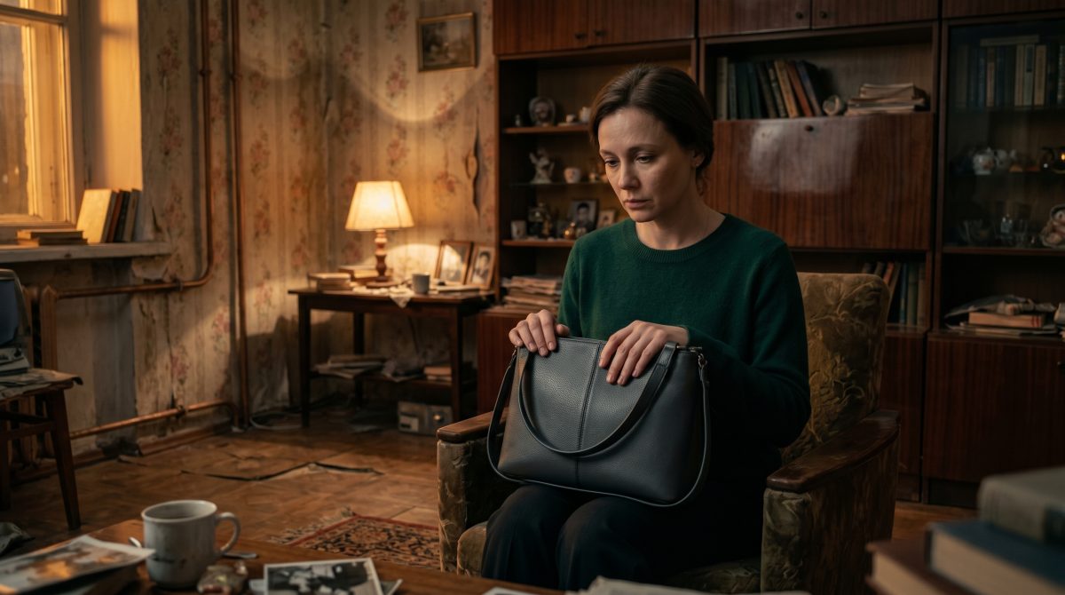 Грустная женщина с дорогой сумкой в недоделанной квартире, глубокая семейная драма о ложных ценностях.