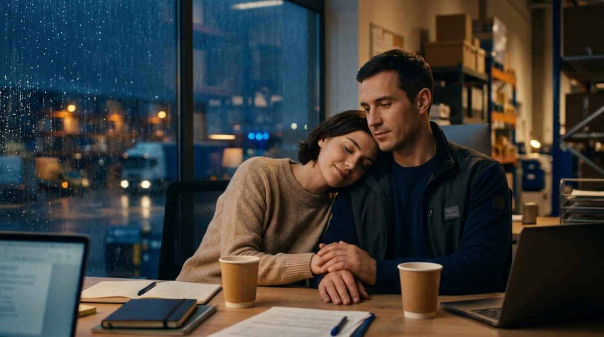 Мужчина и женщина пьют кофе у панорамного окна на ночном складе