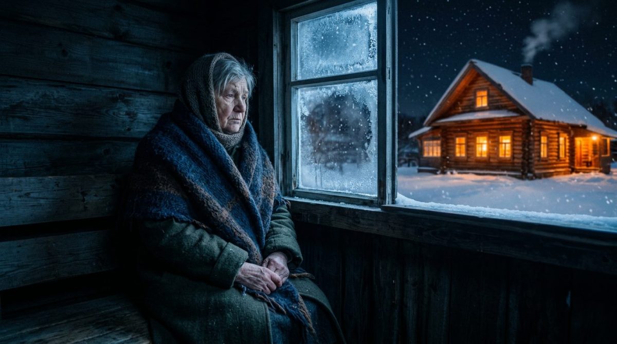 Пожилая женщина в теплом платке сидит у ледяного окна, грустный рассказ про свекровь