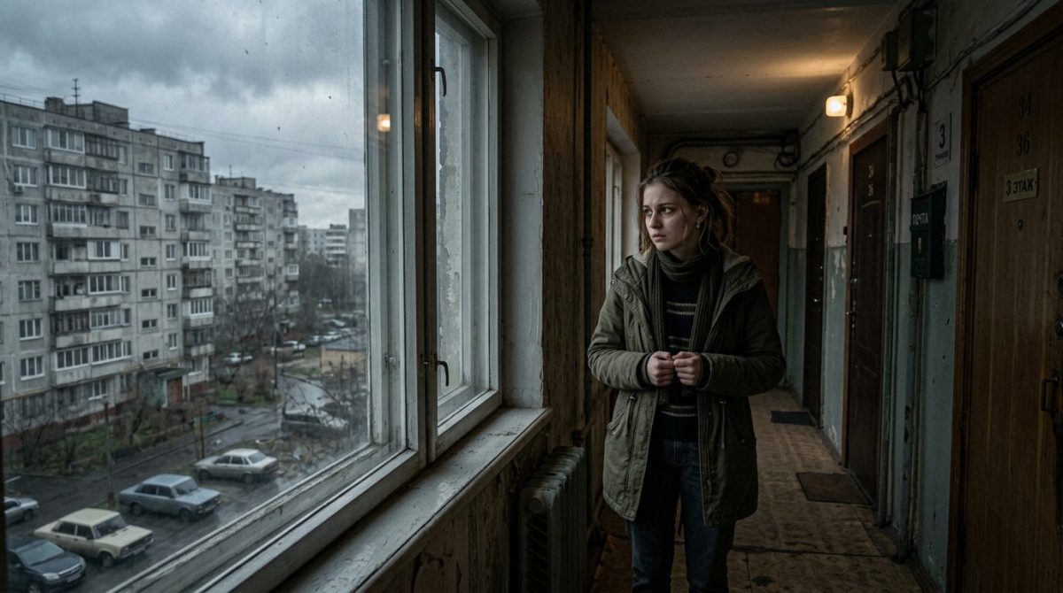 Уставшая женщина в коридоре квартиры на фоне русских многоэтажек, семейная драма рассказ про мать.