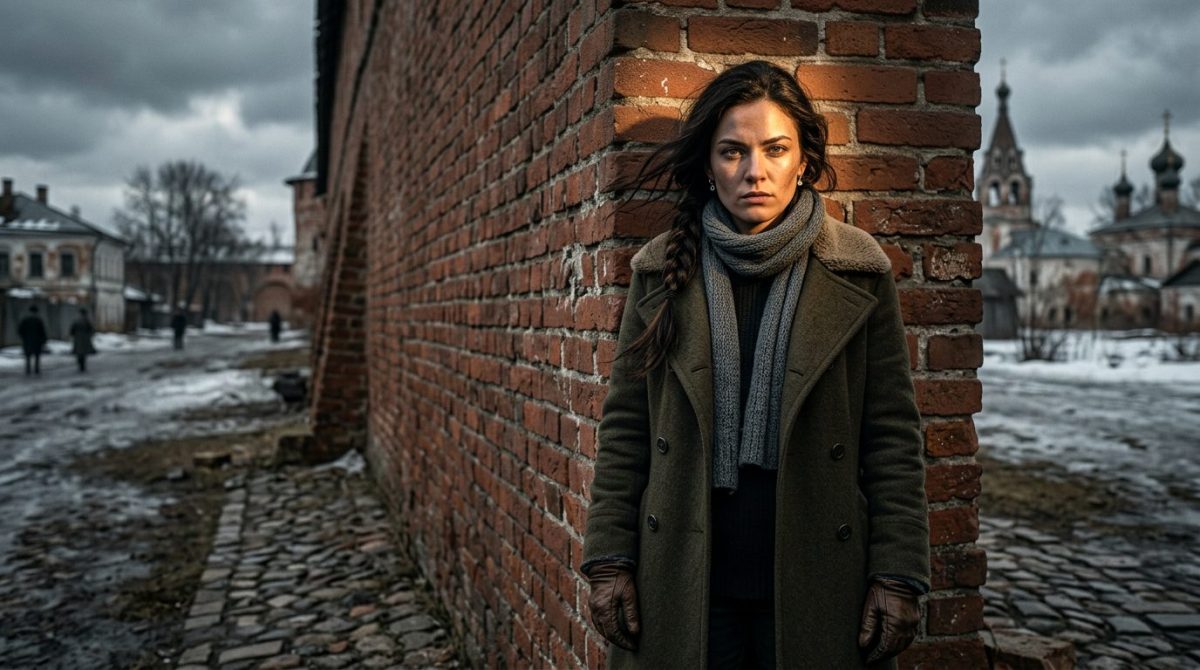 Сильная женщина в серой одежде стоит у высокой кирпичной стены, драматичный рассказ.