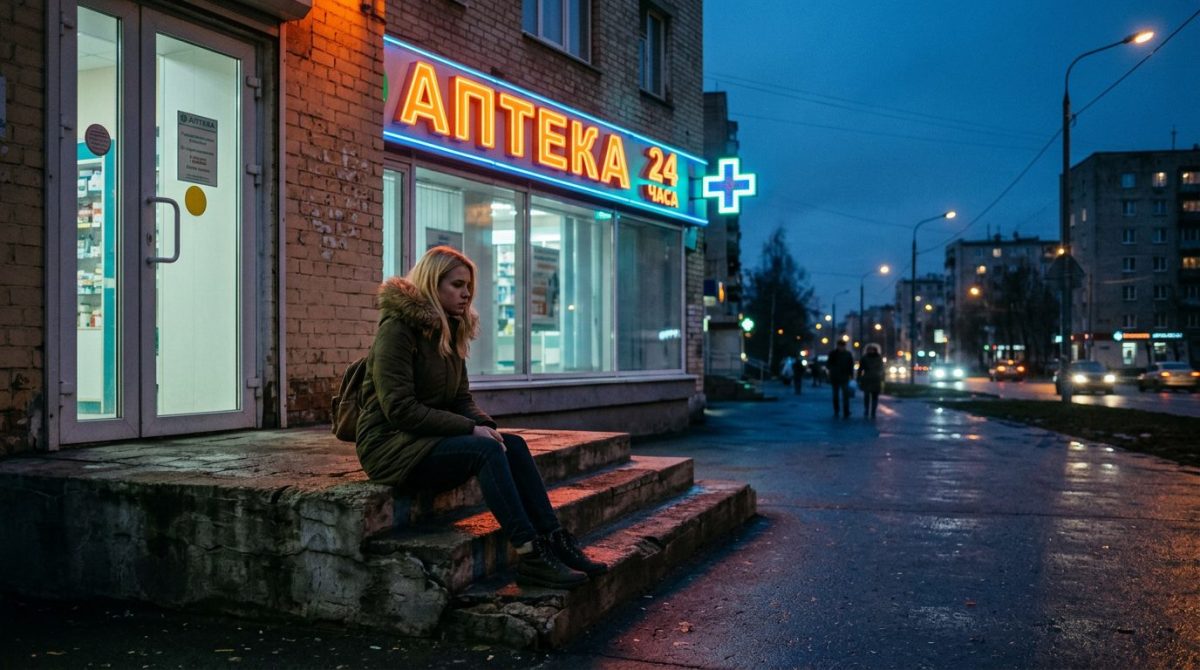 Одинокая женщина на ступенях ночной аптеки, иллюстрация к рассказу «сильная женщина» о потере памяти и тайнах.