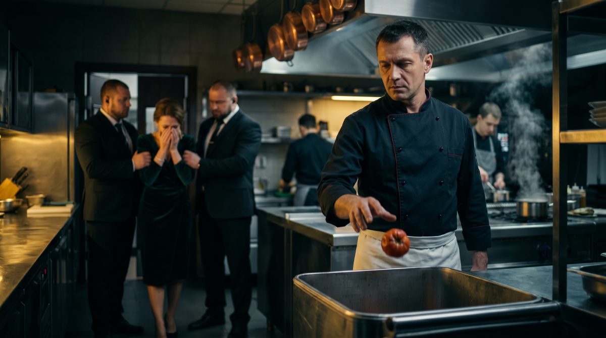 Успешный повар выкидывает испорченный помидор, пока охрана уводит бывшую жену. Семейная драма.