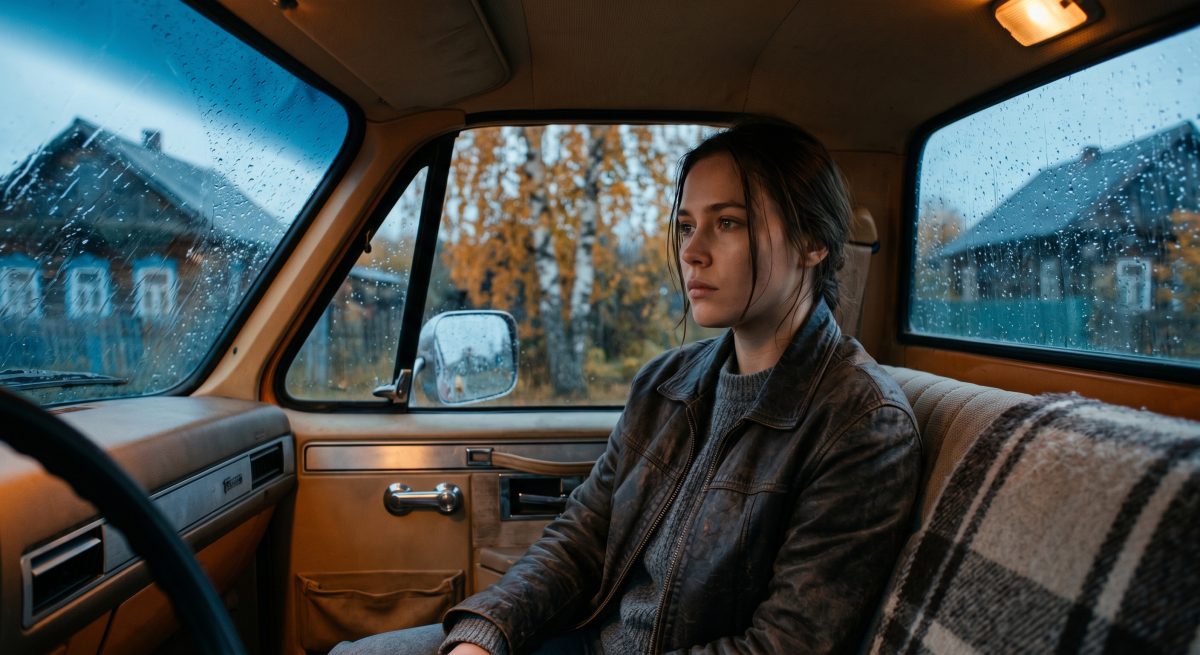 Молодая женщина в машине смотрит на дождь. Семейная драма рассказ о тяжелой судьбе.
