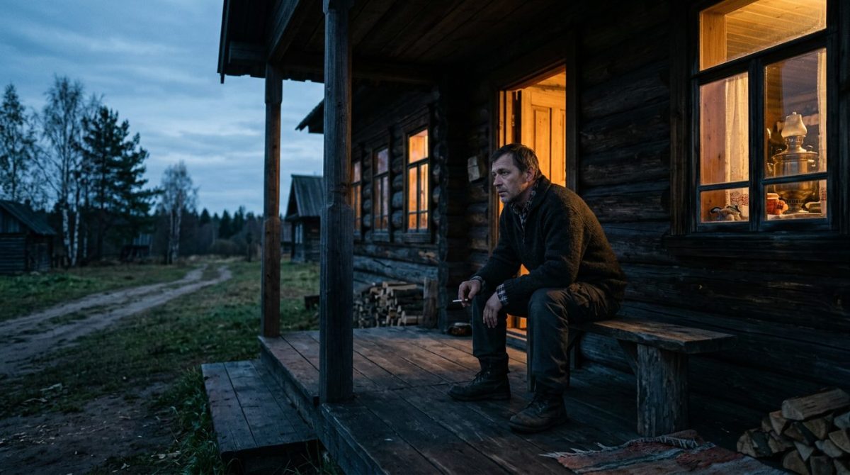 Одинокий мужчина сидит на крыльце деревянного дома, переживая тяжелый семейный конфликт.