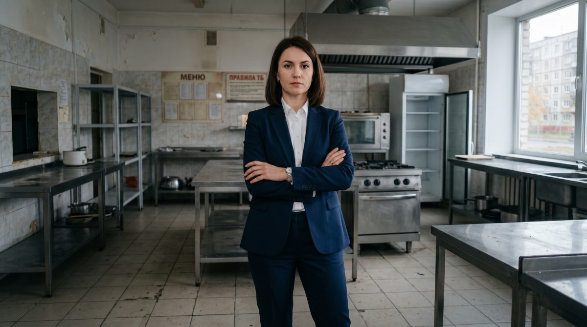 Уверенная и сильная женщина в строгом деловом костюме на фоне пустой кухни бывшего кафе.